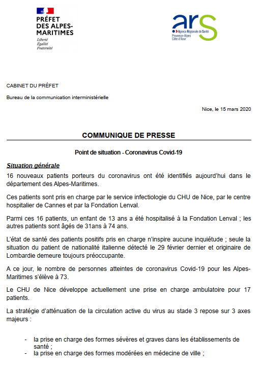 prefet06's tweet photo. #Coronavirus #COVID19
Point de situation - 15/03/2020 https://t.co/10bNNTviTL