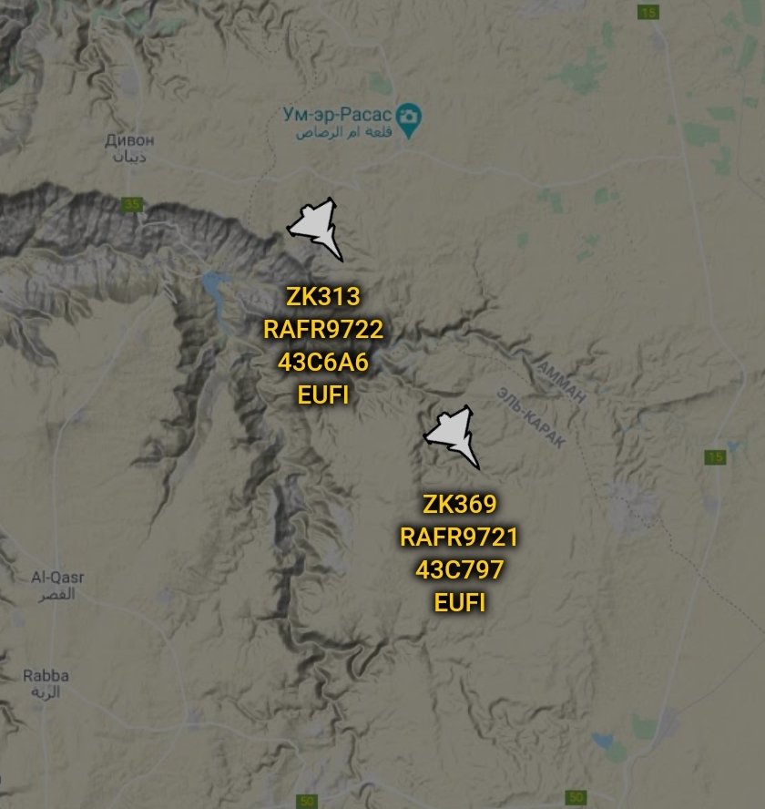 is_keelu's tweet photo. RAF
Eurofighter Typhoon FGR.4 

#RAFR9722 #ZK313 #43C6A6
#RAFR9721 #ZK369 #43C797

Both spotted over #Jordan https://t.co/rkaj59fFXz