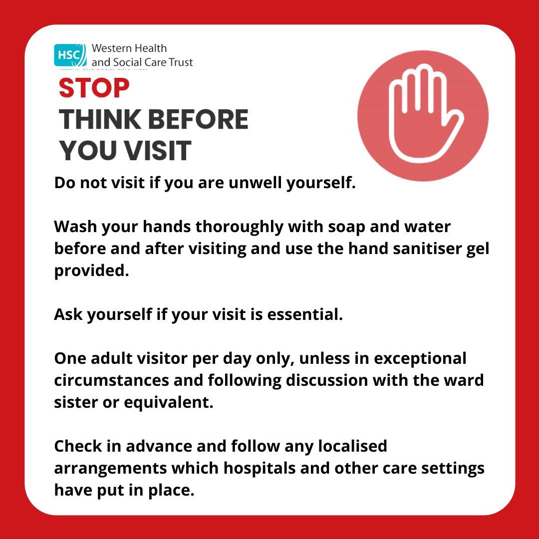 A reminder about our visiting arrangements.⬇️

We are taking necessary precautions to protect our patients and staff from #COVID19. We are asking the public not to visit patients in our hospitals and community facilities unless absolutely essential. ⁣Please consider the below.