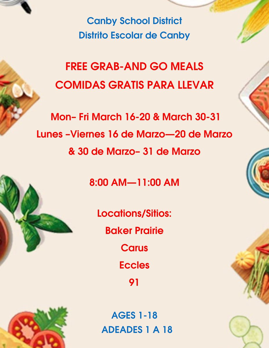 canbyschools's tweet photo. Our free meal service for children under 18 begins tomorrow at 8am. https://t.co/VWZmVgR4xB