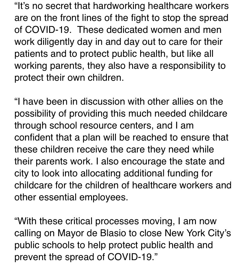 ZackFinkNews's tweet photo. 1199 President calls on ⁦@NYCMayor⁩ to close schools in order to contain #COVIDー19 outbreak. One the reasons leaders have stated to keep them open is that healthcare workers would have to watch their kids instead of working and taking care of those who get sick. Statement: https://t.co/UQiUh3sRP9