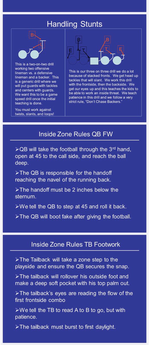 coachvint's tweet photo. @slade248 @coachmikerowe Coach Rowe is a dang smart ball coach. The slide on handling stunts and the QB/RB slides  came from the first pistol presentations I did on 2006. Glad guys have found them helpful and could adapt them to their programs. I love what you guys are doing with simplicity on offense. https://t.co/duCwa2AE7f