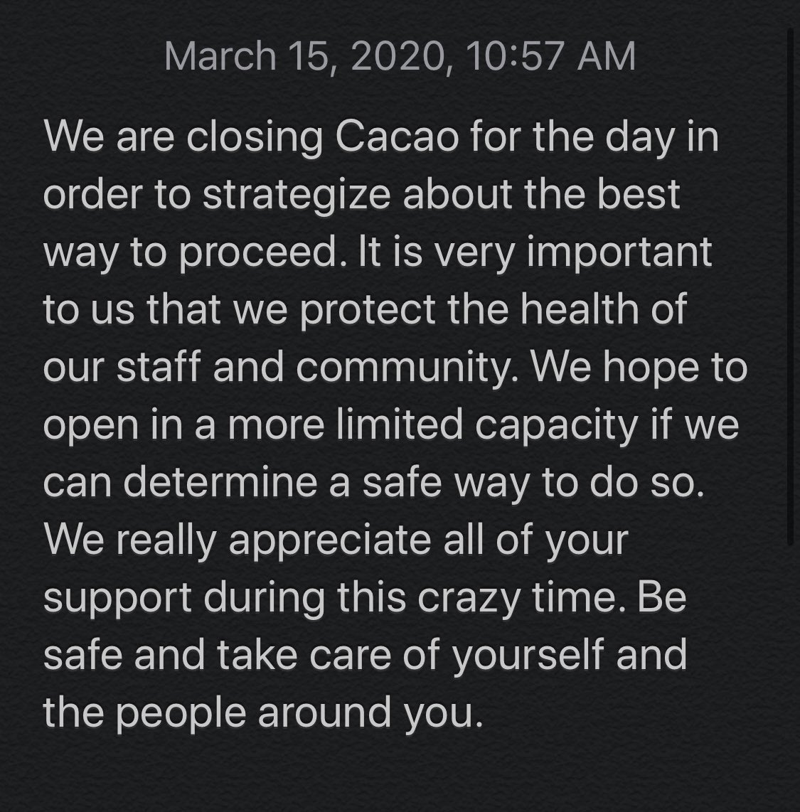 Cacao temporary store closure info. Safety is our number one priority. #covid19 #cacaoportland #besafe
