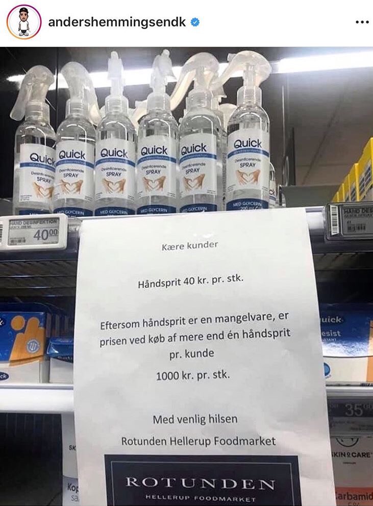 Denmark.
Hand sanitizer.
First bottle: $9.60 (AUD) 
Second bottle: $241