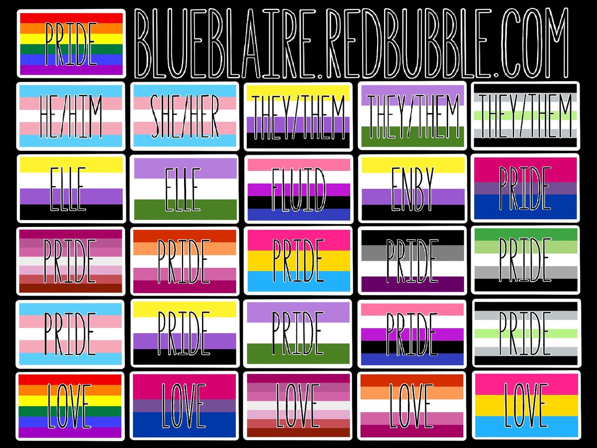 I made #pride stuff for #redbubble! At first it was for #stickers but they come in lots of products.
#buymyart #LGBTQ #LGBTQIA #prideflags #gayflag #lesbianflag #biflag #panflag #aceflag #aroflag #nonbinaryflag #agenderflag #genderfluidflag #genderqueerflag #transflag #pronouns