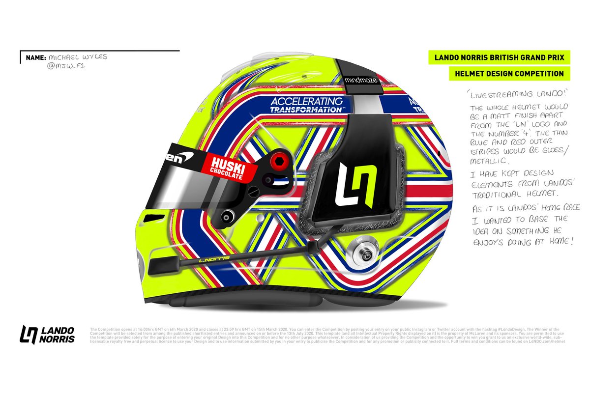 MJW_F1's tweet photo. #L4NDODesign #L4NDO With an hour to go I managed to finish my design for @LandoNorris! I call it 'Live Streaming Lando!' As its for his home race I wanted to base it on something Lando enjoys when at home! Hope you like it! #F1 @BellRacingHQ @McLarenF1 https://t.co/stzqtirAmm