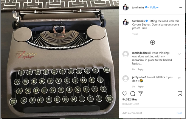 7)Tom Hanks posting about a Zephyr Typewriter..