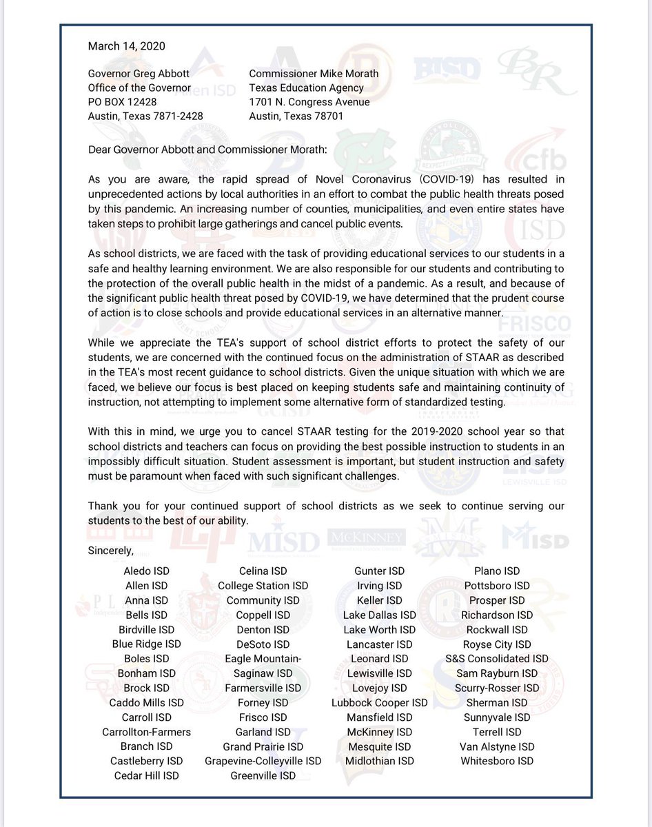 jillmsiler's tweet photo. Proud to join 55 other districts in North TX to petition our state leaders to cancel #STAAR for the 2019-20 school year. We are about to ask our educators to do unprecedented things to teach and support students during this period of closure. Our focus must be on student needs! https://t.co/KJlgz8AWBn