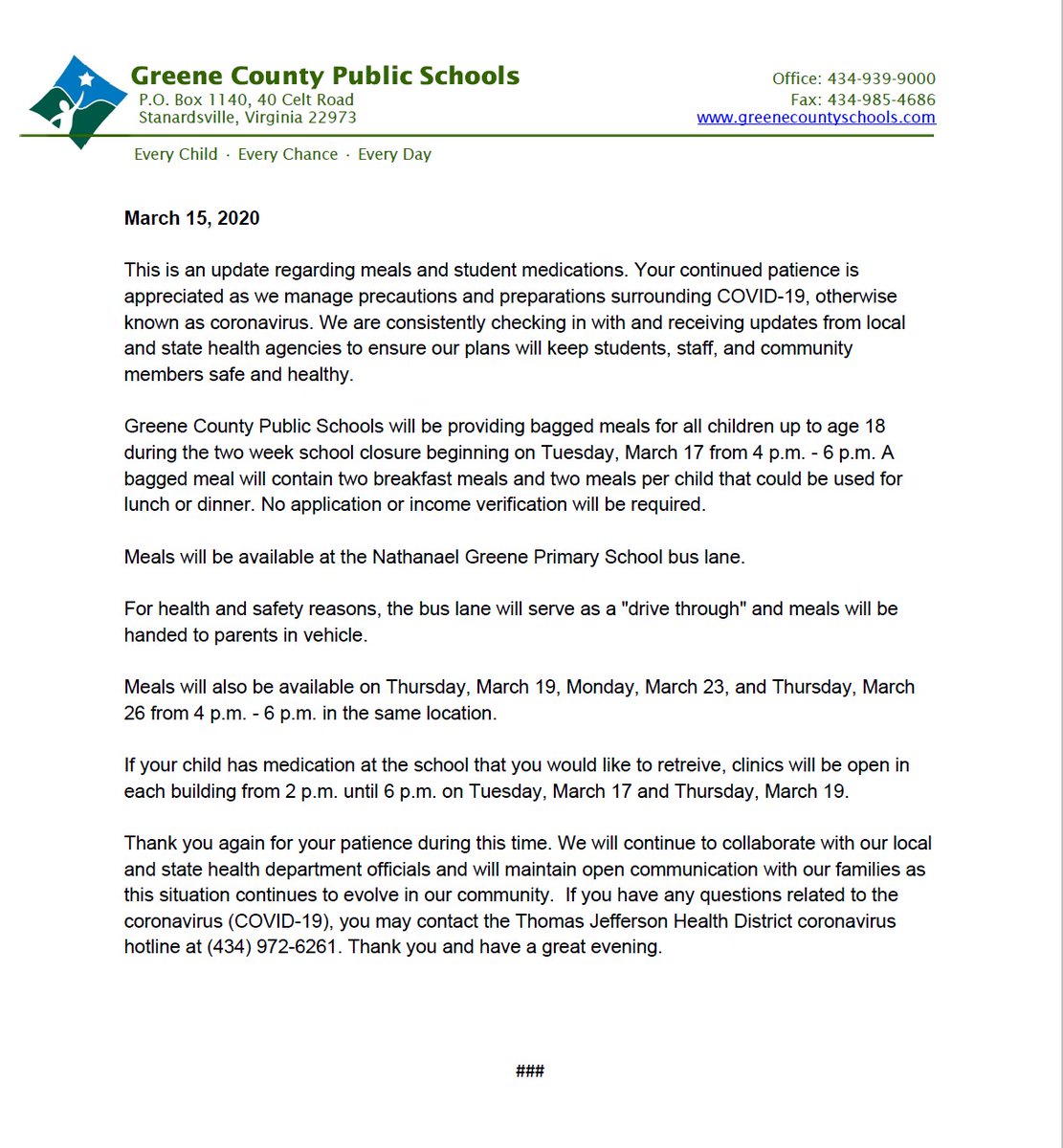 Greene_Schools's tweet photo. Update regarding meal distribution and student medications during the 2 week school closure beginning tomorrow, March 16: https://t.co/D7NCep4XIp