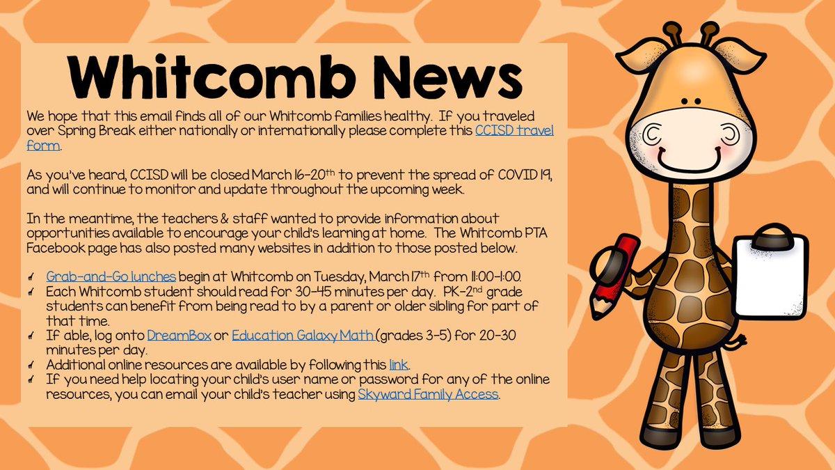 whitgiraffes's tweet photo. Whitcomb families, this is coming soon to your email.  You will be able to access all links in the emailed version.  If you do not receive an email this evening please verify your info on Skyward Family Access. https://t.co/G72O8LY6Ff