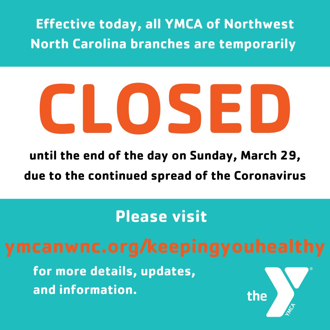 JLYMCA's tweet photo. The YMCA of NWNC is temporarily closing all branches from March 15, through the end of the day March 29. We will constantly evaluate the situation in the meantime.
We will make decisions w/ vigilance &amp; strong determination to serve you and our community.
https://t.co/aTvhDuWPez https://t.co/7vGiIxrjOZ