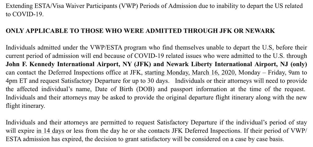 For visitors who entered the U.S. at JFK or Newark, it is possible to extend visa waiver/ESTA if unable to depart the U.S. realted to #COVIDー19 from <a href="/AILANational/">AILA</a> / <a href="/CBP/">CBP</a> liaison