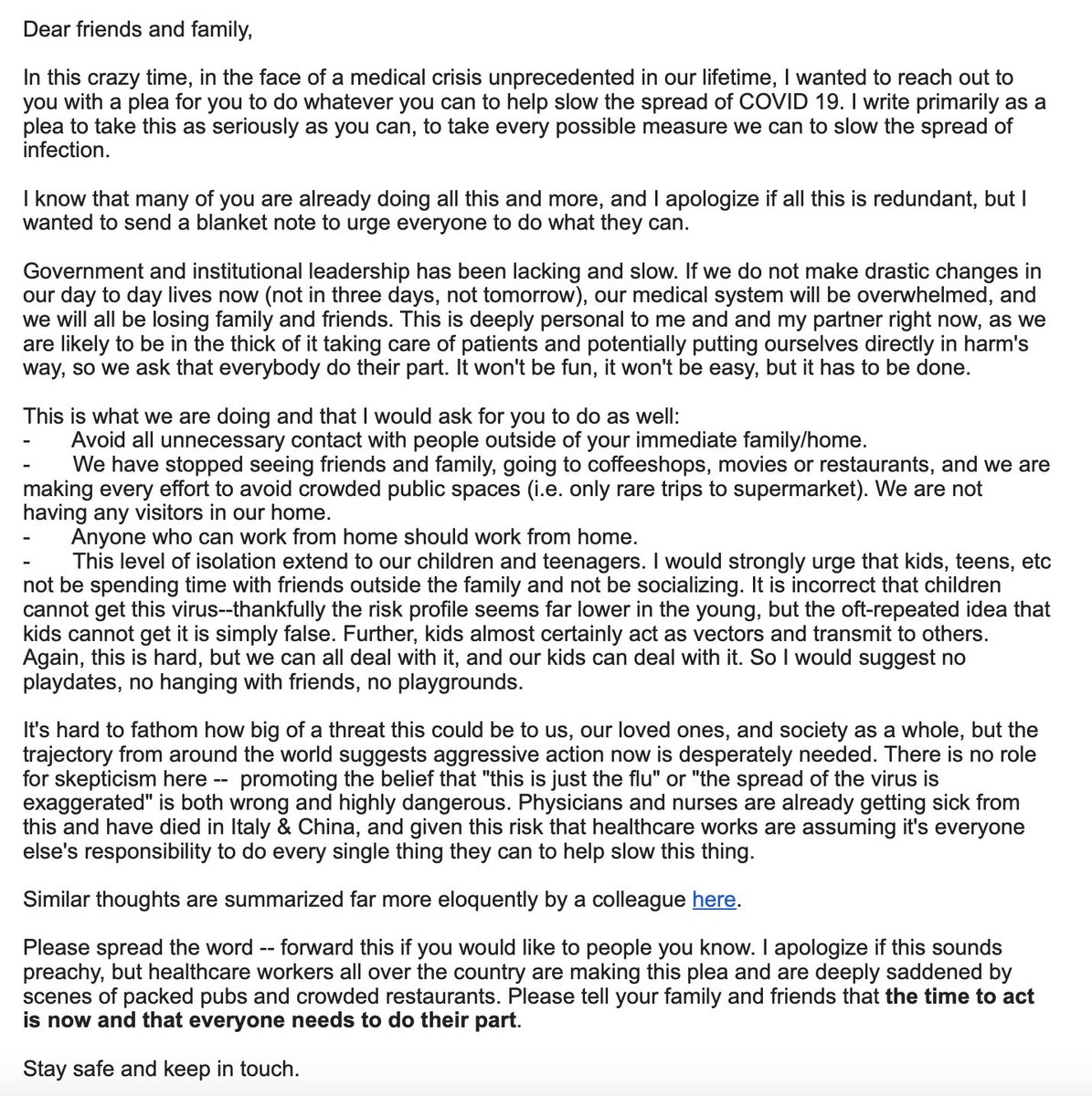 I want to share this message I just received from my cousin, who is a doctor in Boston. Please read it. It's incredibly important.