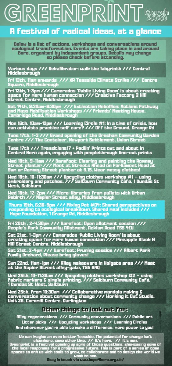 Lots of disruption should be anticipated this week but many of the groups hosting something at #Greenprint will still be doing their thing. In some ways, this is the perfect time to think about living differently  #deepadaptation #Middlesbrough #Teesside #Grassroots #environment