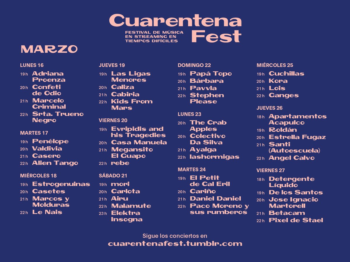 CuarentenaFest's tweet photo. Aquí están los horarios, prometimos que no habría solapes. https://t.co/HIKl4ifTaL