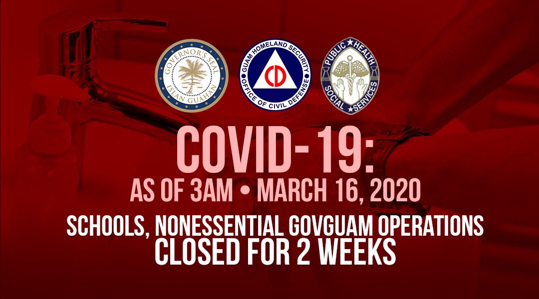 GuamDOE's tweet photo. GovGuam is shut down for 14 days effective today. Only essential public health and safety personnel should report. Administrators, teachers, and staff should not report to work today. GDOE division personnel should not report to work today. https://t.co/1ZoH6uTbqt