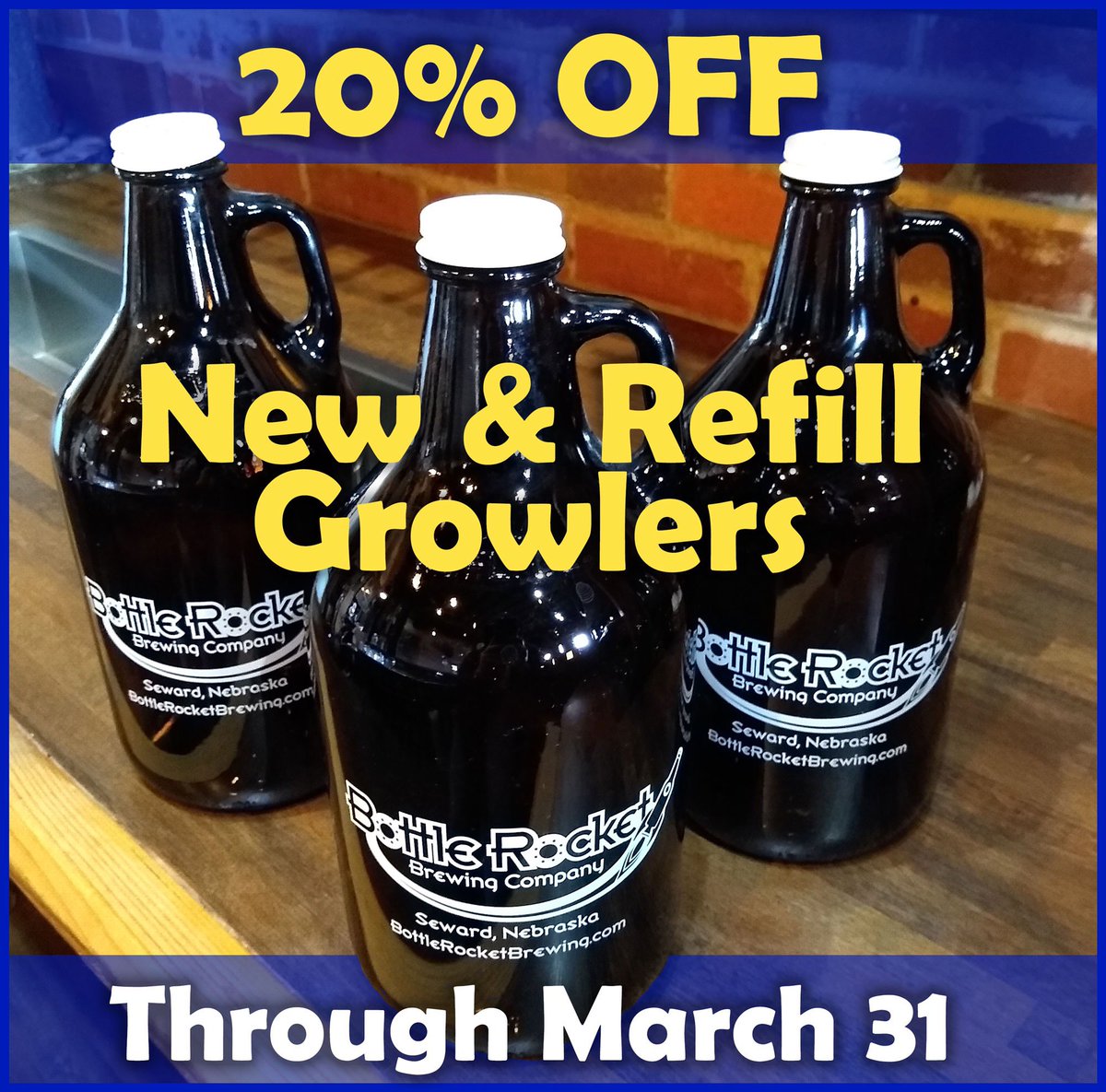 Bottle Rocket Brewing Company is offering all New and Refilled Growlers at 20% OFF through the end of March. With social distancing we understand. This way you can have your favorite craft beer at home while you binge watch, relax or plan out your hunting trip for toilet paper!