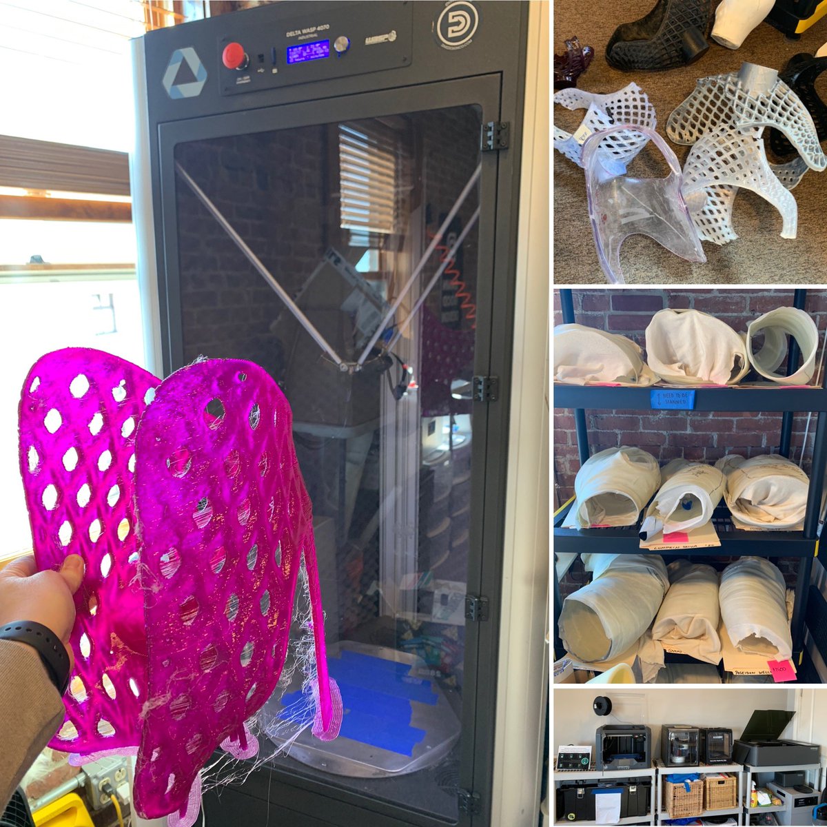 MrsKConklin's tweet photo. My husbands best friend started a company that makes prosthetics for dogs. We got to check out his office today! It was cool to see the prototypes, molds, and final product (pink) right out of the 7ft 3D printer. #MakerSpace #DiveDesign #Technology #Create https://t.co/XZ5UQ4khAu