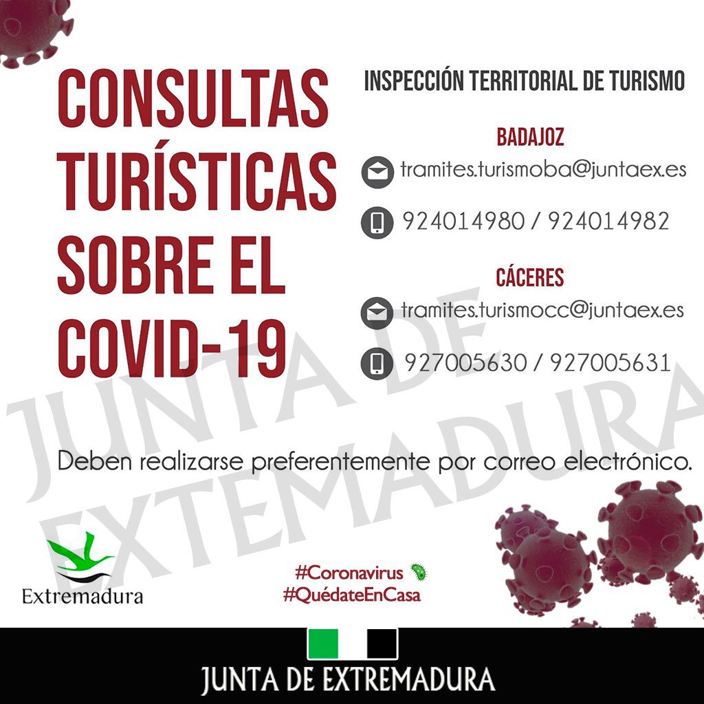 🔴 Consultas y dudas para el sector turístico sobre #COVIDー19 en EXTREMADURA: 

Badajoz:
💻 tramites.turismoba@juntaex.es
☎️ 924014980 / 924014982

Cáceres: 
💻 tramites.turismocc@juntaex.es
☎️ 927005630 / 927005631

#INFOCoronavirus #FrenarLaCurva 
#Coronavirus🦠 #QuédateEnCasa