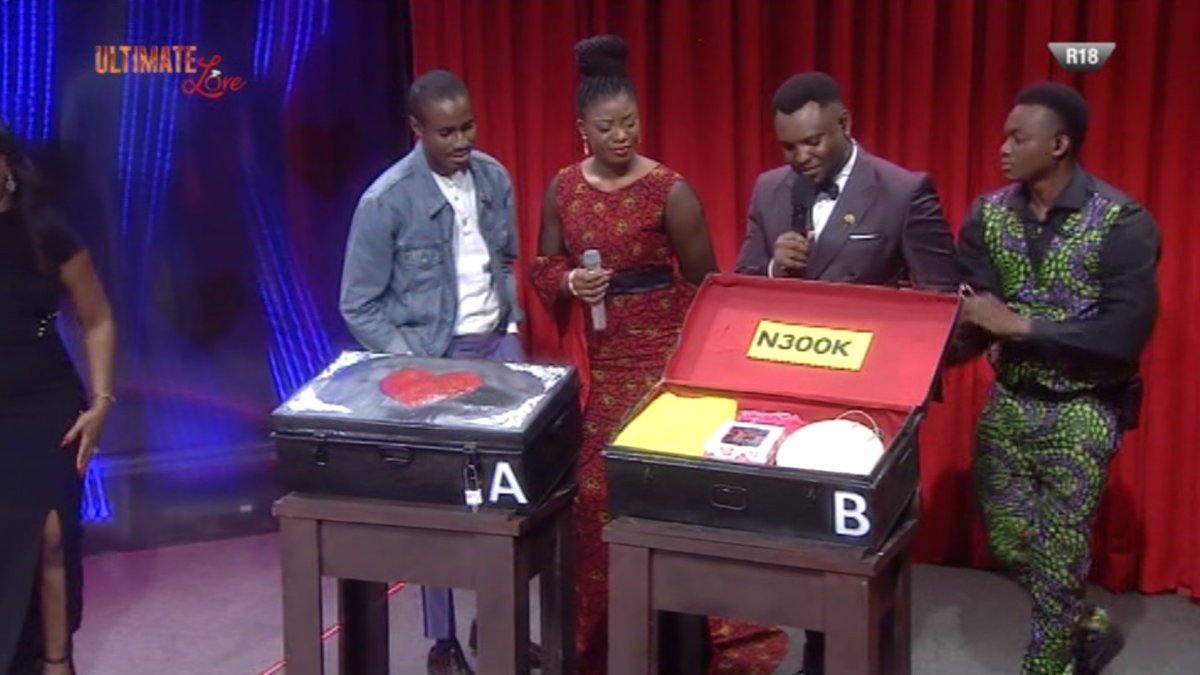 ultimateloveng's tweet photo. Oh no! #Jelo could have won N200 000 more if they'd swapped their Portmanteau but they still walk away with N100 000 and some traditional jewellery and other gifts. 

Congrats Jenny &amp; Louis. We'll miss you so much. 

https://t.co/bptAVZnaQ1 #UltimateLoveNG https://t.co/0WGe6ctRiY