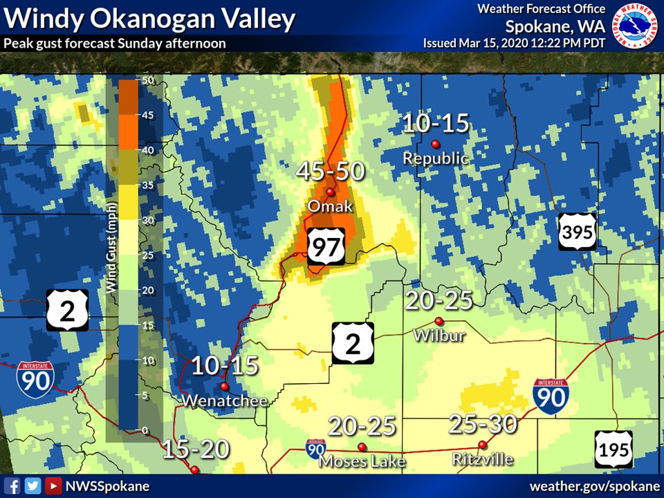 At noon, windy conditions continue down the Okanogan Valley, with a