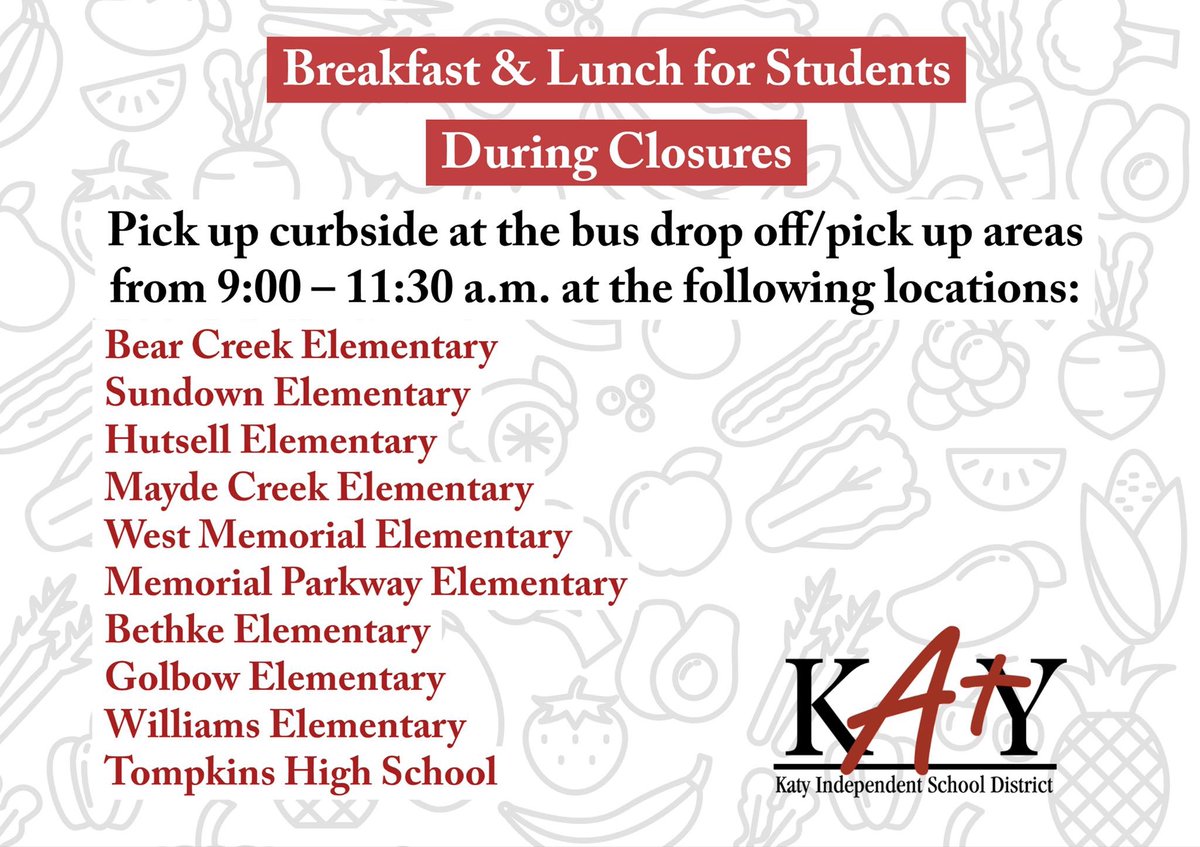 Reminder! Tomorrow, 3/16, begins our free grab-n-go breakfast &amp; lunch service for all children 18 and under! Pull-up curbside near the covered bus pick up/drop off walkway at the following locations from 9-11:30am. Visit our Health Update page for details: ow.ly/V7hJ30qpYFo