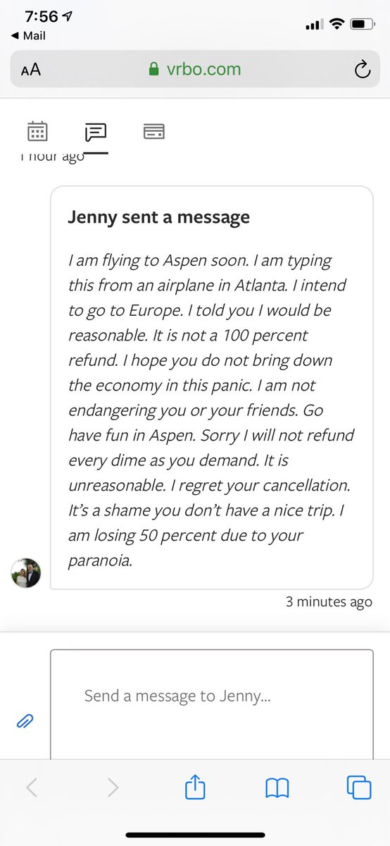 GoEsco25's tweet image. #COVIDー19 #coronavirus #BOYCOTTVRBO #SocialDistancingNow #HighRiskCovid19 #StayHome hey everyone! Look at #VRBO property owners in Aspen, CO Jenny and Rob profiting from a global pandemic by refusing to refund so they can continue to recklessly travel the world! DISGUSTING.