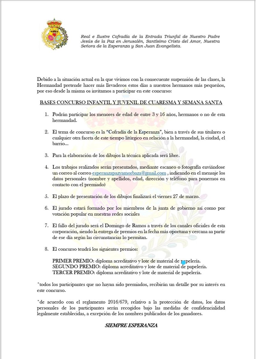 #YoMeQuedoEnCasaMasAmeno 

Lanzamos una iniciativa para los más pequeños de la casa. Os invitamos a que den rienda suelta a su imaginación y los animéis a participar en nuestro concurso en donde el tema principal será nuestra Hermandad. 

Léelo todo aquí👇 y ¡¡anima a tus hijos!!