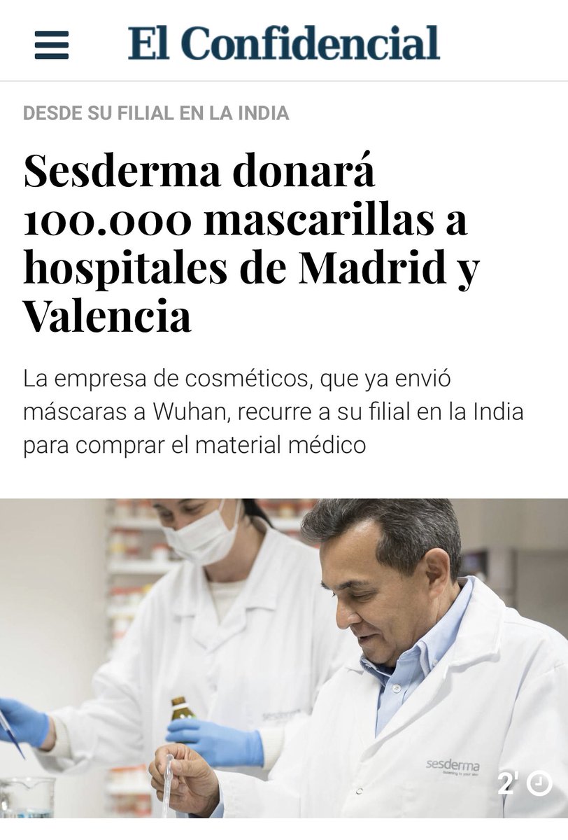 sesderma's tweet photo. Hemos puesto en marcha la donación de 100.000 mascarillas a hospitales de #Madrid y #Valencia. GRACIAS a la sanidad española por su esfuerzo y lucha diaria contra el #COVID19 @elconfidencial @abc_es @COPE @larazon_es https://t.co/WfFS3onmYS