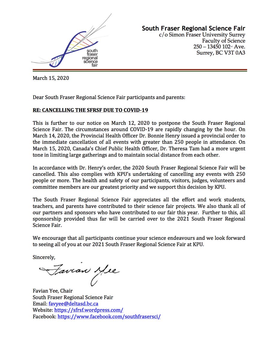 THE 2020 SOUTH FRASER REGIONAL SCIENCE FAIR HAS BEEN CANCELLED. <a href="/Surrey_Schools/">Surrey Schools</a> <a href="/deltasd37/">DeltaSchoolDistrict</a> @KPUScienceHort <a href="/SFU_Science/">SFU Science</a>  <a href="/SouthpointeA/">Southpointe Academy</a> <a href="/SFUScienceSry/">SFU Surrey Science</a>