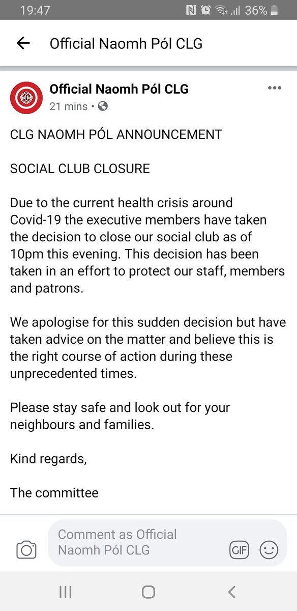 An important statement from our Committee this evening. 

Unprecedented times folks, stay safe &amp; look after yourselves and others 🙏

<a href="/UpperAndersons/">Upper Andersonstown</a>
<a href="/SuffolkLenadoon/">SLIG</a>
<a href="/FailteFeirste/">Fáilte Feirste Thiar</a>

#NPA
