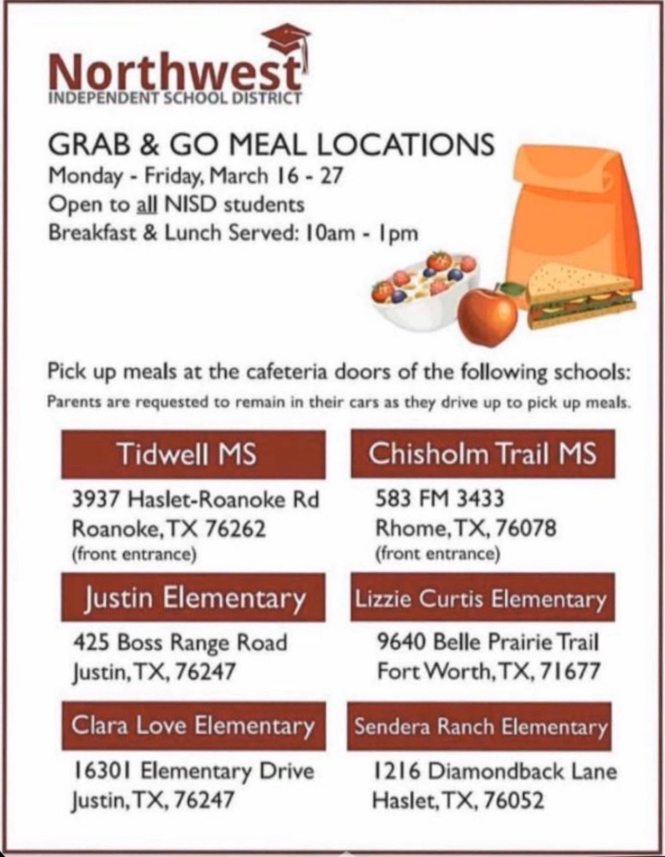 This is open to all NISD students! If you are in need of breakfast and/or lunch please feel free to pick up a meal!
