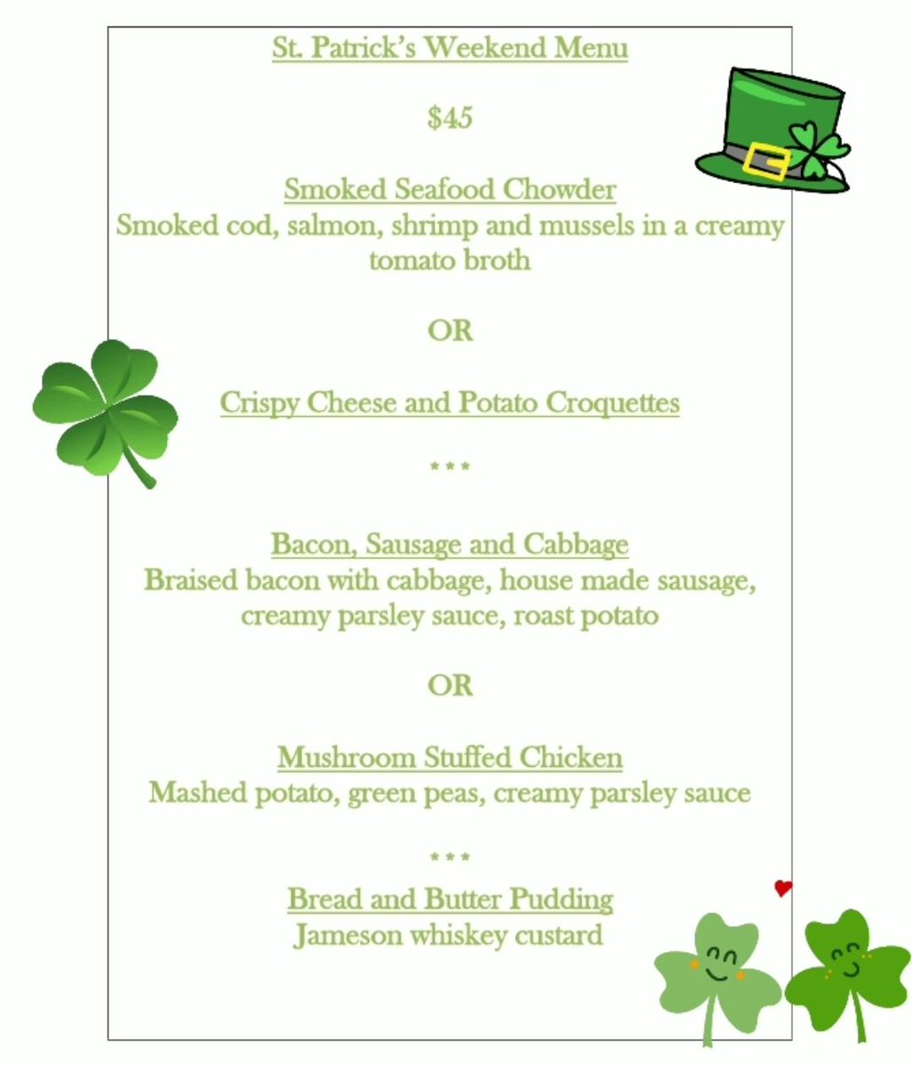 Tonight we'll be serving our Traditional 3 Course Sunday Roast Dinner, as well as our incredible Irish St Patrick's Day  Dinner 🍀. 
Drop in, or call to reserve a table.