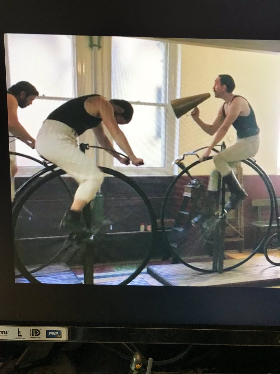 And here he is peddling away on a penny farthing, minus the megaphone😆😆😆😆 <a href="/HolmesAndWatson/">Holmes & Watson</a> #vintageexercise <a href="/Eldreddwolf/">Eldredd Wolf</a>