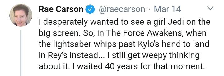 KRCompanion's tweet photo. @OG_MaraJade @OGStarwarsAB Oh look, even the official #StarWars twitter admits #Rey WAS NOT a #Jedi in #TheForceAwakens.
See that #RaeCarson? It's called "research".
So much for that, "I desperately wanted to see a girl JEDI on the big screen. So, in TFA..." narrative. 🤷♂️
#TheFandomMenace @DDayCobra https://t.co/HfBD31kXTR