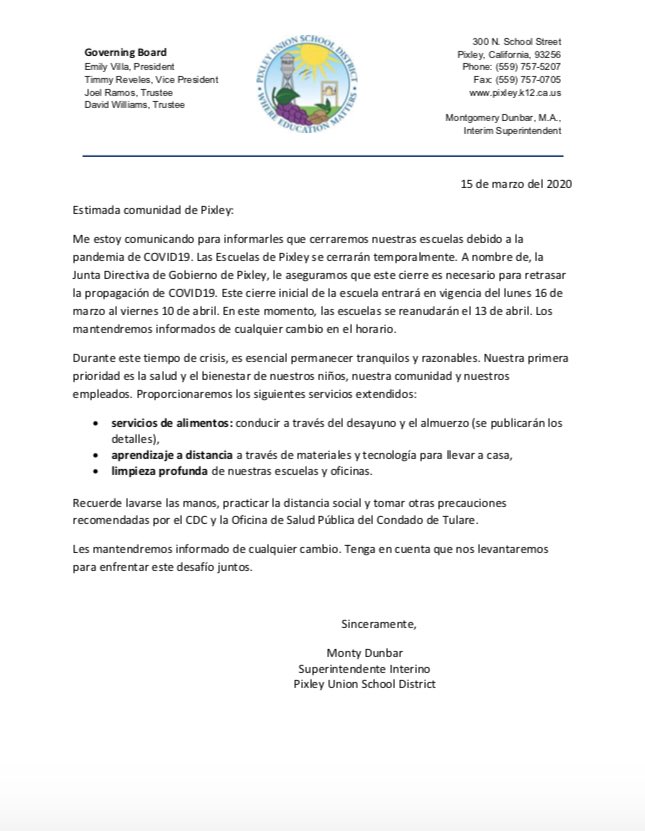 PixleyUSD's tweet photo. Pixley USD announces School closures effective immediately: March 16- April 10th. School will resume on April 13th, we will keep you updated as new information arises.
Las escuelas estan cerradas del 16 de marzo al 10 de abril, resumiremos el 13 de abril. Estaremos en contacto. https://t.co/OKLguowG1M