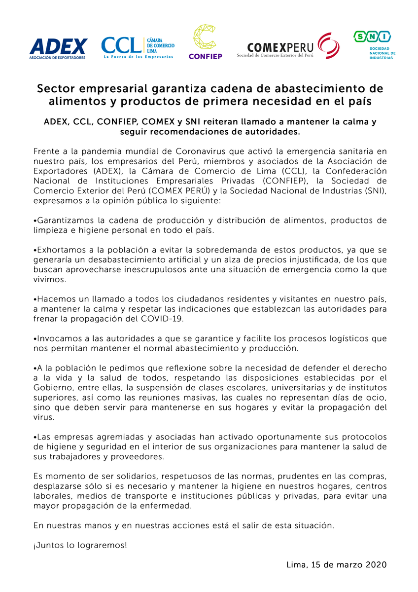 CONFIEP's tweet photo. #LoÚltimo Sector empresarial garantiza cadena de abastecimiento de alimentos y productos de primera necesidad en el país. Accede a nuestro comunicado 👉https://t.co/htwztLlaCm https://t.co/nilGY72Ue7