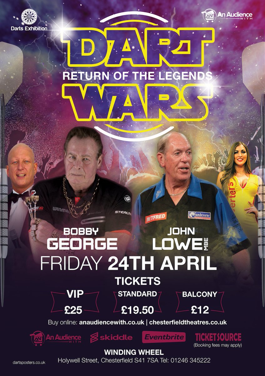 Legends of Darts <a href="/jloweprodart/">John Lowe M.B.E.</a> and <a href="/BobbyGeorge180/">Bobby George</a> in Chesterfield

🗓️  Friday 24th April.
🗺 <a href="/Cfieldtheatres/">ChesterfieldTheatres</a> Winding Wheel Theatre, Chesterfield S41 7SA

🎟 Tickets 🎟️ 
VIP £25 (SOLD OUT)
Standard £19.50
Balcony £12.00

➡️ BUY ONLINE:
chesterfieldtheatres.co.uk/shows/dart-war…

#DartsLegends