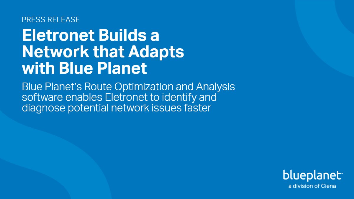 Press release: bit.ly/2W27RBY 

Eletronet, one of the largest IP transit providers in Brazil, has deployed Blue Planet’s Route Optimization and Analysis (ROA) software to enable real-time visibility and diagnosis of its IP/MPLS network