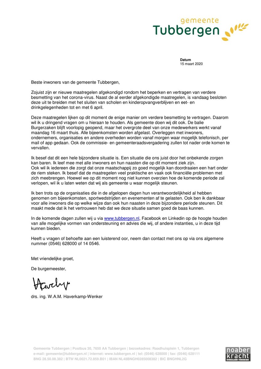 Gem_Tubbergen's tweet photo. Burgemeester Wilmien Haverkamp  @whaverkamp  steekt inwoners een hart onder de riem via een persoonlijk bericht. #Tubbergen #Corona https://t.co/0WchBNZjuG https://t.co/3HtpK6MCpt