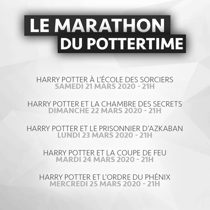 LePotterTime's tweet photo. Afin d'apporter un peu de chaleur et de bonheur, rendez-vous dès samedi prochain pour un marathon #Potterhead tous les soirs, à 21h00 ! 
Vous pourrez tweeter sur le #MarathonDuPotterTime ou commenter en vocal sur le serveur Discord.

Notez la date dans vos agendas !

#HarryPotter https://t.co/FPk0UaCnJb