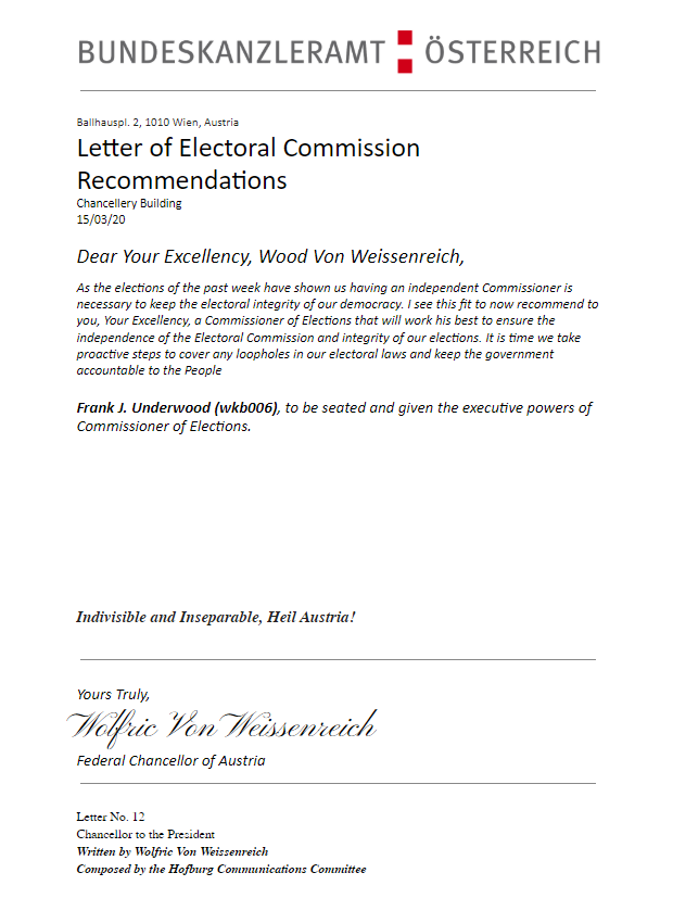 AtAustrian's tweet photo. The Chancellor appoints Frank J. Underwood as Commissioner of Elections. He will be the first non-founding member to work in that capacity https://t.co/ON1cPgGXrJ