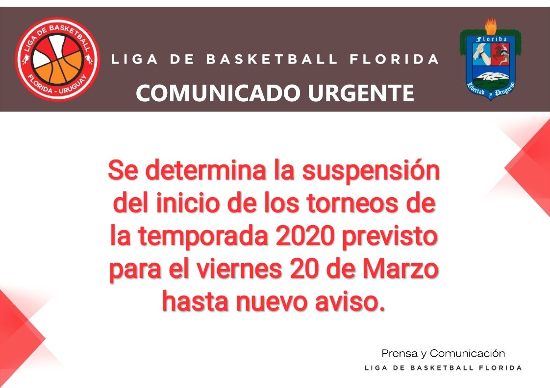 ℹ️ COMUNICADO URGENTE

Ante las disposiciones sanitarias establecidas asumimos nuestra responsabilidad institucional postergando el inicio de las actividades y torneos del presente año.
Liga de Basketball Florida