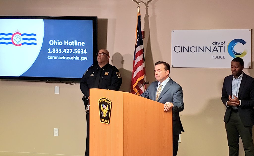 CincyPD's tweet photo. @CityOfCincy provides an update on #COVIDー19 & @GovMikeDeWine closure of bars & restaurants (excluding carryout orders) to help reduce community spread of the disease. https://t.co/r06dusCndD