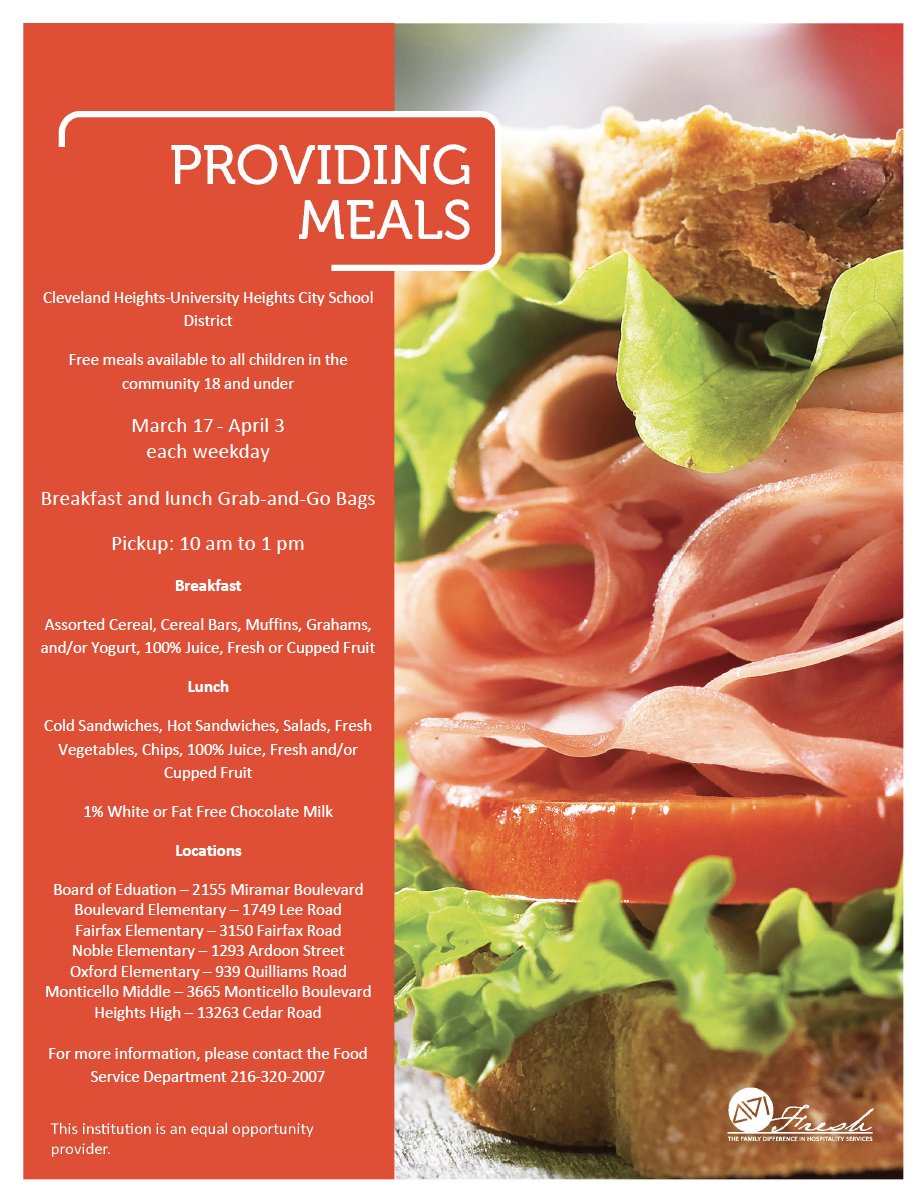 CHUHSupt's tweet image. CH-UH meal distribution schedule - note that it has been modified since Friday. Each weekday beginning Tuesday 3/17, breakfast and lunch can be picked up together from 10 a.m. to 1 p.m. bit.ly/2TQ0XOG