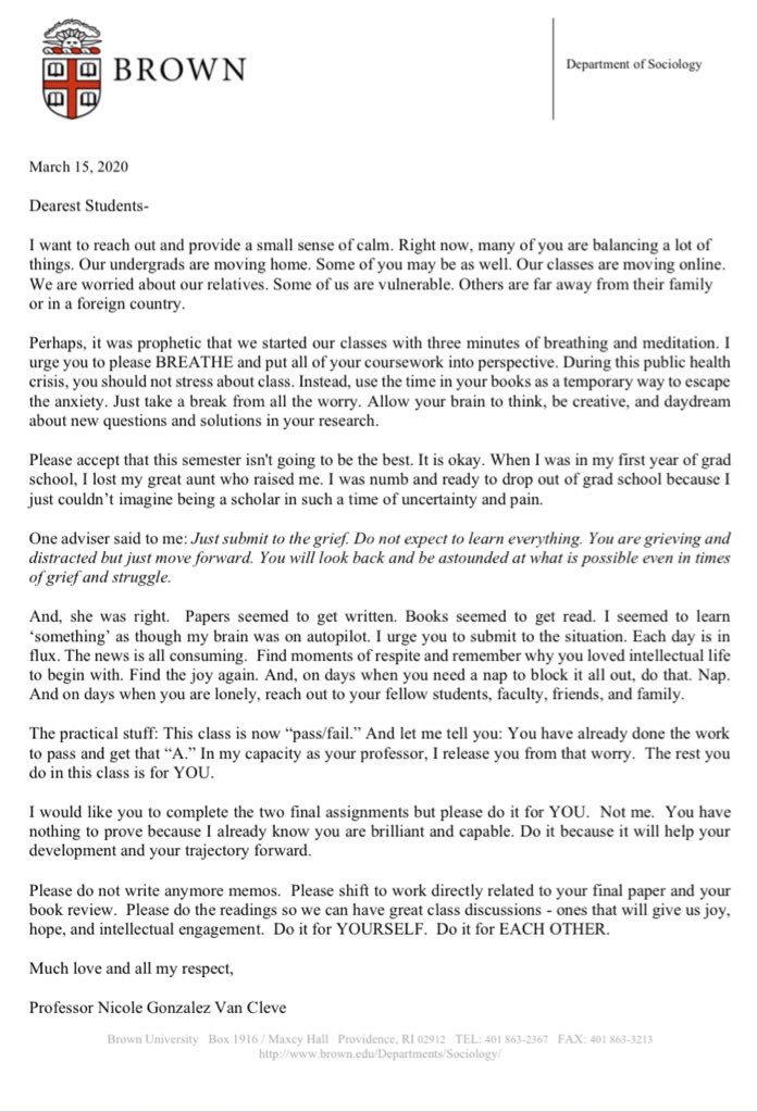 nvancleve's tweet image. In my capacity a professor, I can release my students from additional stress during this time. I can teach them important lessons about priorities, peace and why we strive to learn. 

Here is my note to them... “you have nothing to prove...you are brilliant and capable.”