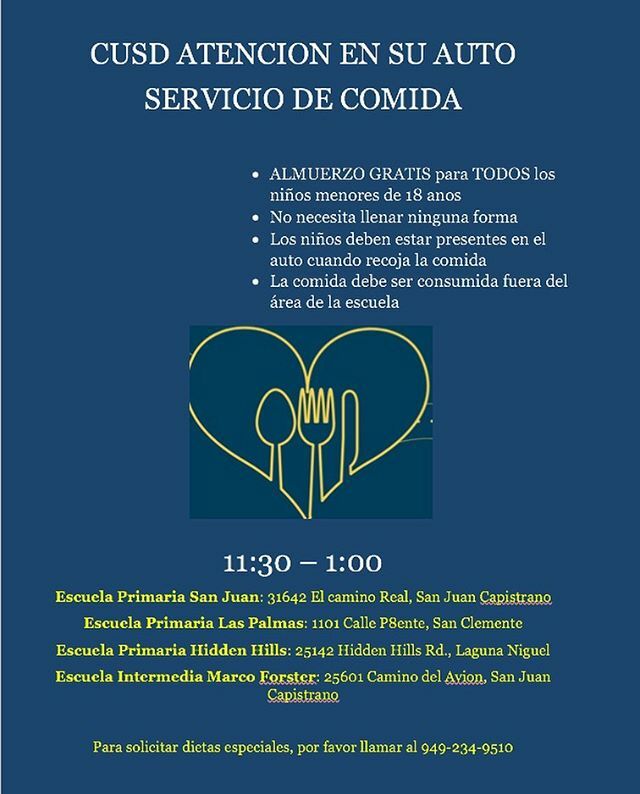 Queridas Familias/Representantes Legales, 
El programa de Servicios de Alimentación y Nutrición del Distrito Escolar Unificado de Capistrano proporcionará la oportunidad para que las familias conduzcan su auto y recojan almuerzos gratis para cualquier ni… ift.tt/2INbeop