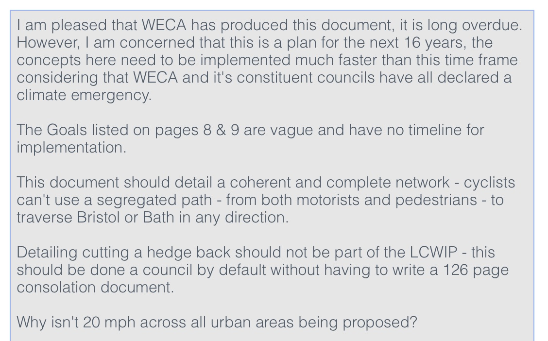 David_on_a_bike's tweet photo. Here my comments on the LCWIP from @WestofEnglandCA https://t.co/KlDD9uWEYP. Iโm shocked that this plan will take 16 years to implement in a time of Climate Emergency. Most of all there needs to be a network and this plan does not specify one, but series of sticking plasters. ๐ https://t.co/ey4ouYmjOy