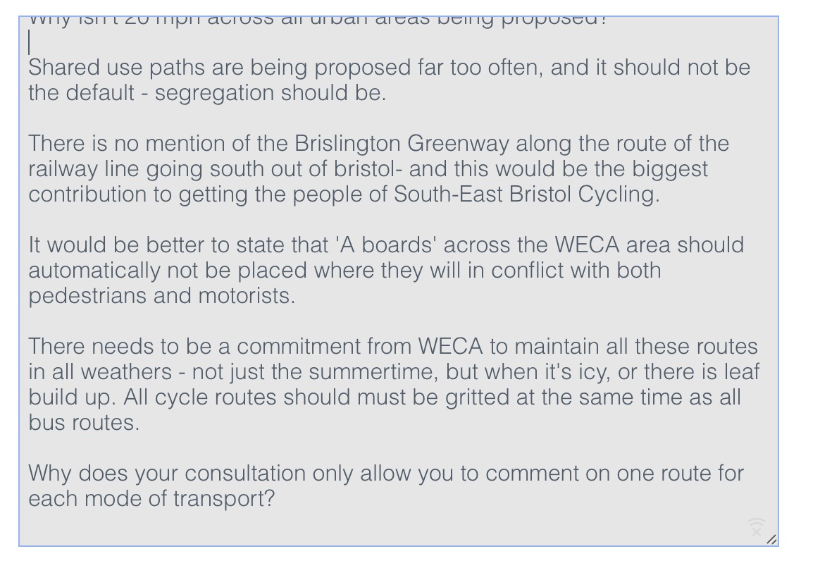 David_on_a_bike's tweet photo. Here my comments on the LCWIP from @WestofEnglandCA https://t.co/KlDD9uWEYP. Iโm shocked that this plan will take 16 years to implement in a time of Climate Emergency. Most of all there needs to be a network and this plan does not specify one, but series of sticking plasters. ๐ https://t.co/ey4ouYmjOy