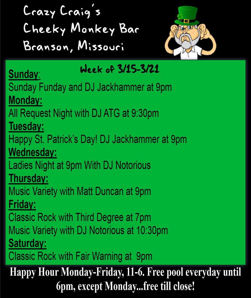 Branson_Bar's tweet photo. This week at the Cheeky Monkey! #bransonbars #bransonbbq #417bbq #bransonmo #bransonvacation #417bars #crazycraigsez #bransonentertainment #cheekymonkeybar https://t.co/d44W0itBTb